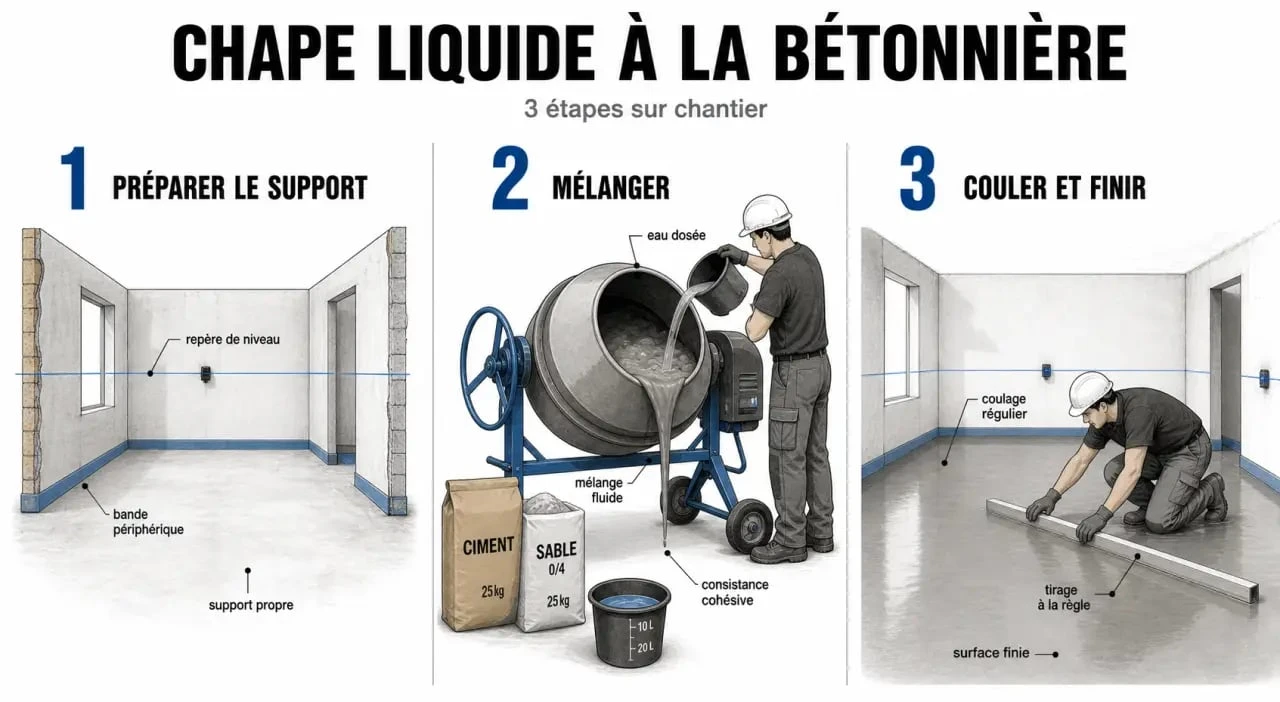 Faire une chape liquide à la bétonnière : préparation, mélange et coulage en trois étapes