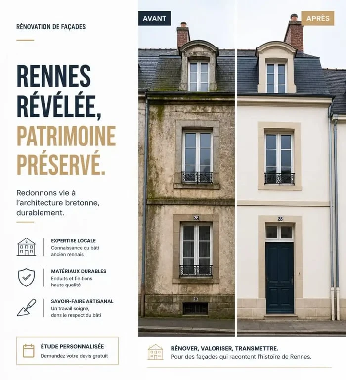 Ravalement de façade à Rennes : avant et après la rénovation d'un mur extérieur.