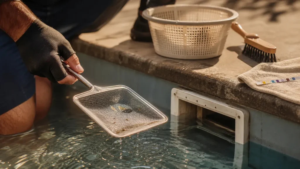 Larve de moustique piscine vue près du skimmer, épuisette en action