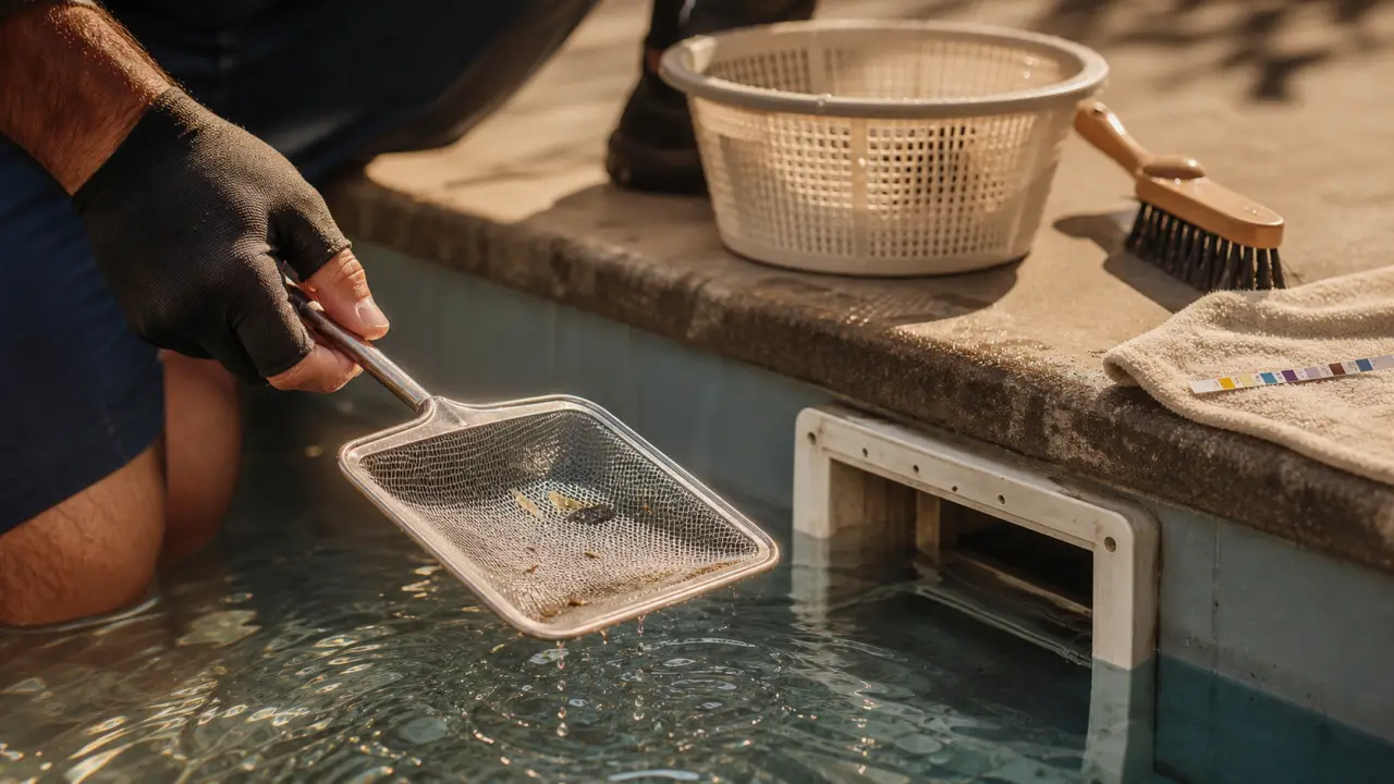 Larve de moustique piscine vue près du skimmer, épuisette en action