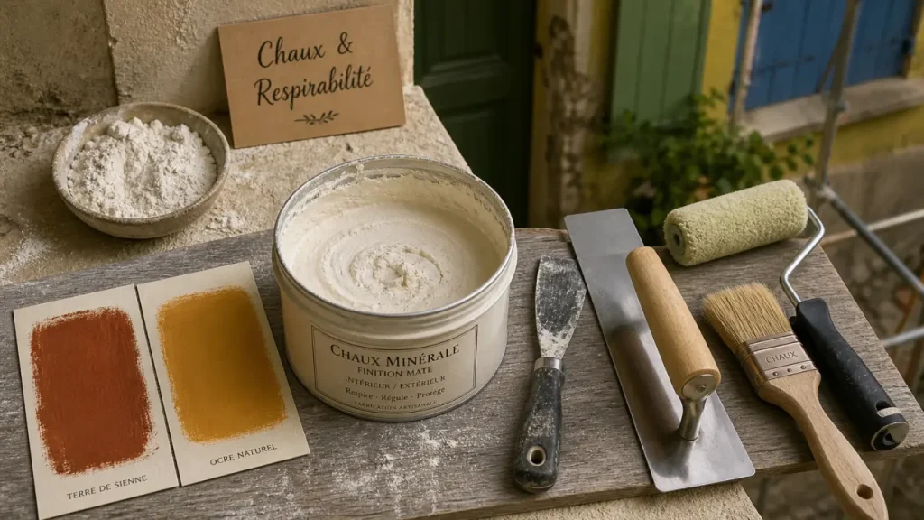 Peinture extérieur à la chaux sur façade, pot minéral et échantillons de teintes mates