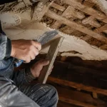 Plafond lattis fissuré : plâtre décollé et lattis visible au plafond