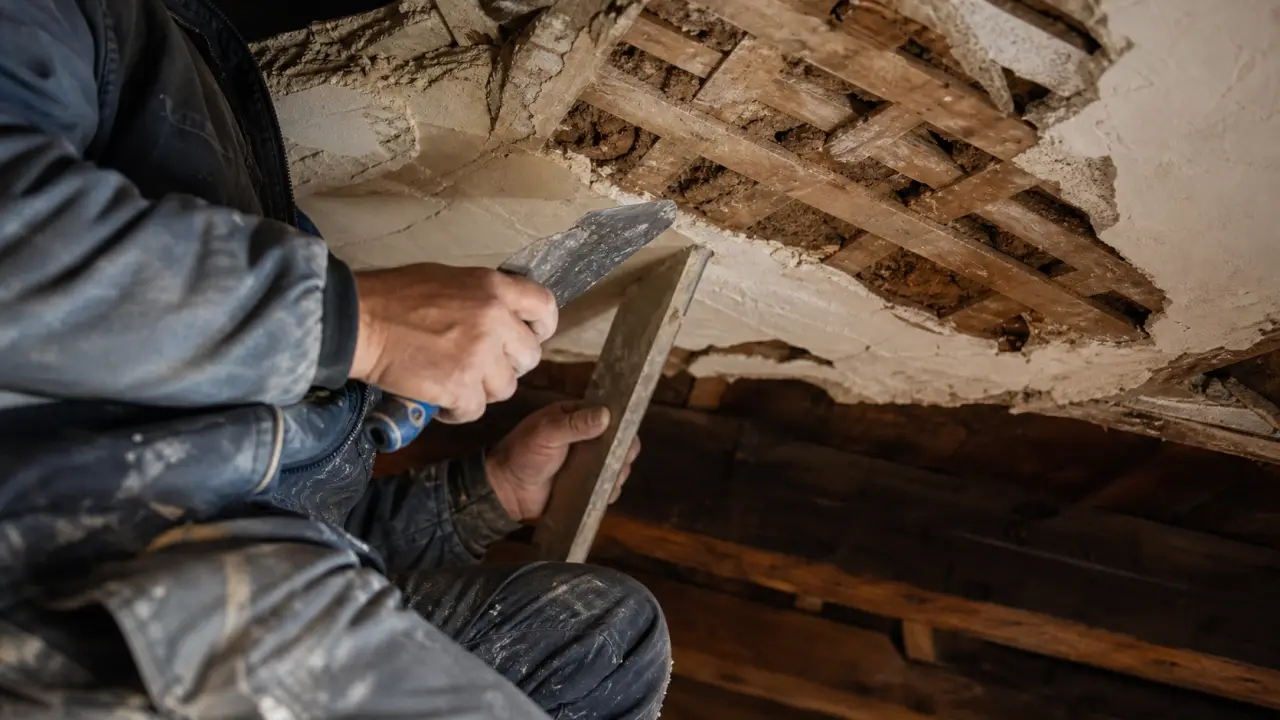 Plafond lattis fissuré : plâtre décollé et lattis visible au plafond