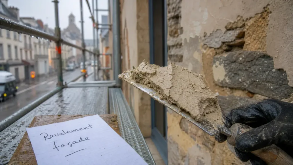 ravalement de façade rennes : main tenant un échantillon d’enduit sur échafaudage