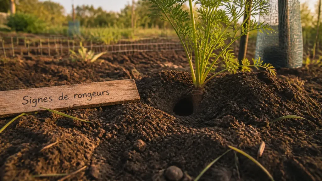 Rongeurs du jardin : trou d’entrée dans le potager près des carottes