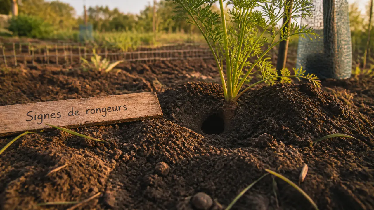 Rongeurs du jardin : trou d’entrée dans le potager près des carottes
