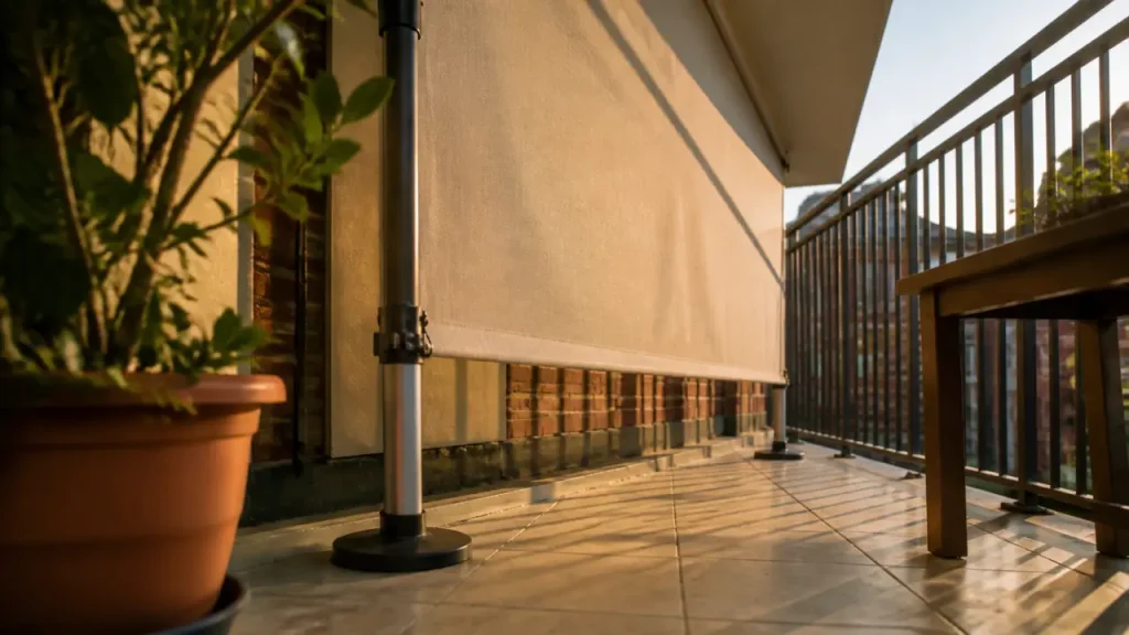 Store banne sans perçage sur balcon urbain, pose sans perçage