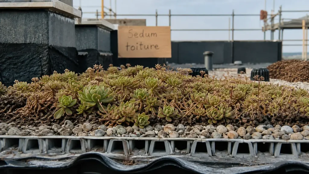 Toiture végétalisée sedum : tapis de sedum, drainage et pose