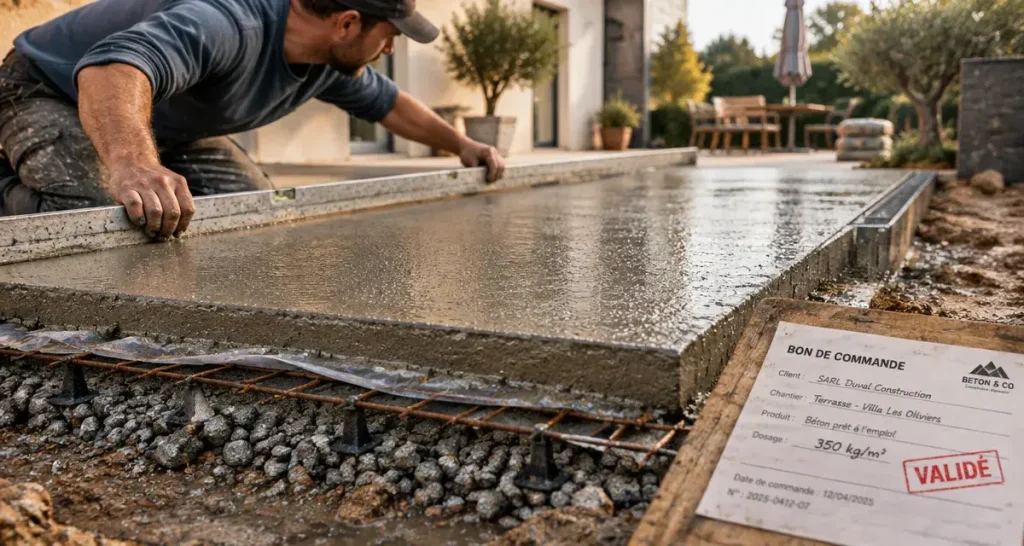 Beton pour dalle exterieur : dalle extérieure fraîchement coulée, dosage 350 kg/m³