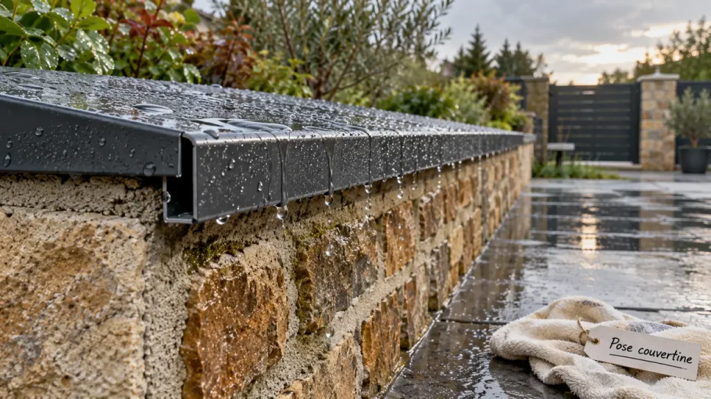 Couvertine mur en aluminium gris anthracite sur muret, protège contre l’eau.
