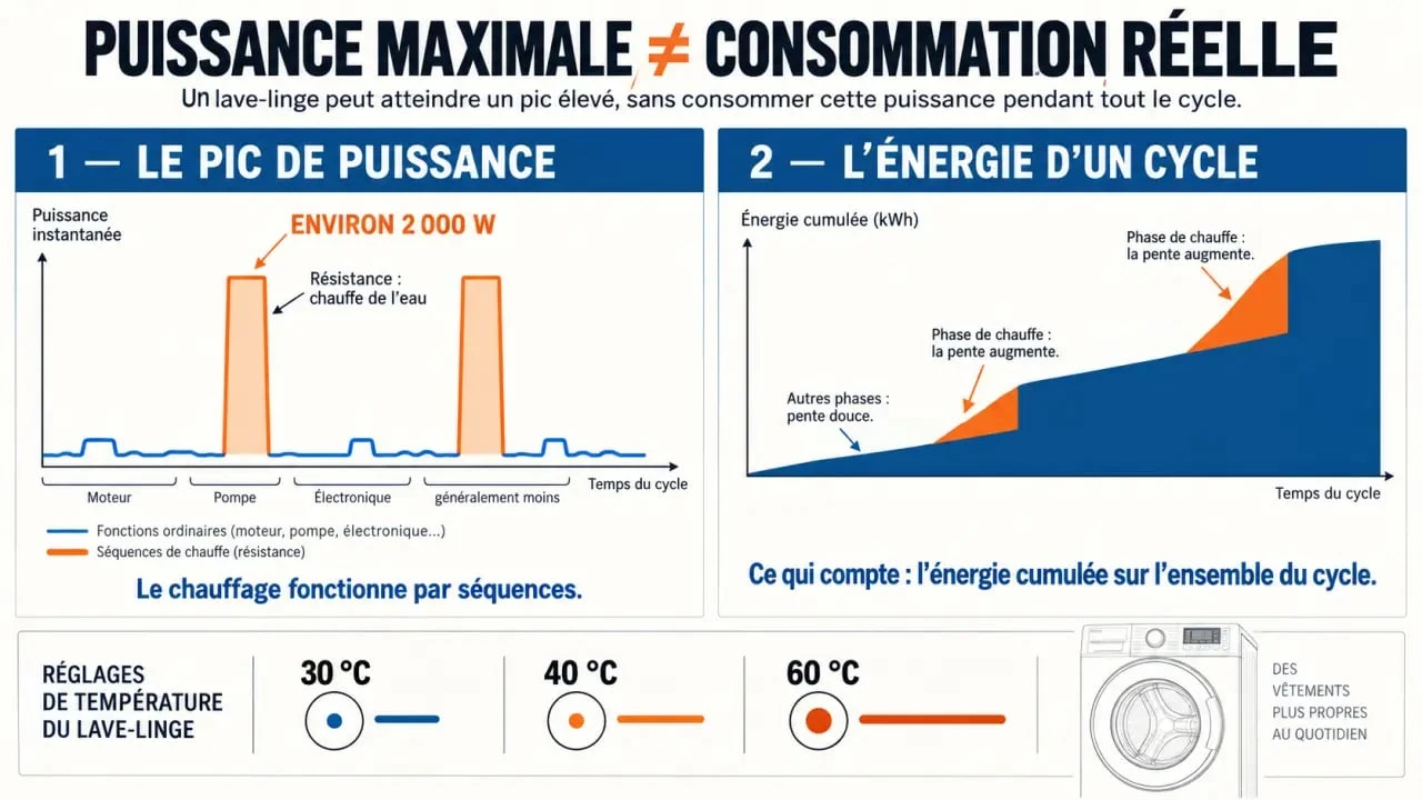 Visuel expliquant la puissance d'une machine à laver et sa consommation en kWh