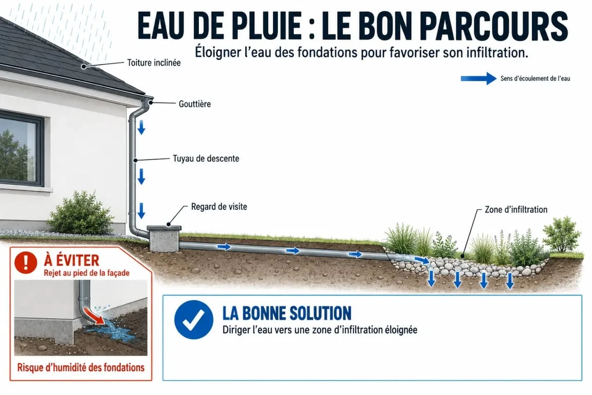 Schéma du drainage eau de pluie gouttière vers une évacuation éloignée des fondations