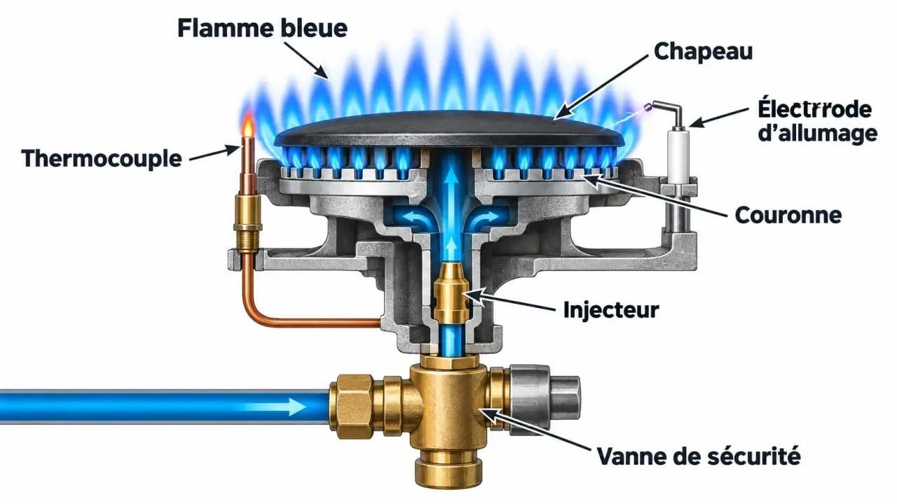 Schéma d'un brûleur gaz qui s'éteint quand on lâche le bouton avec thermocouple et vanne de sécurité
