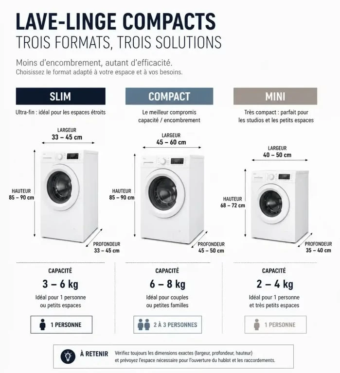 Comparatif petite machine à laver slim compact mini par dimensions et capacité