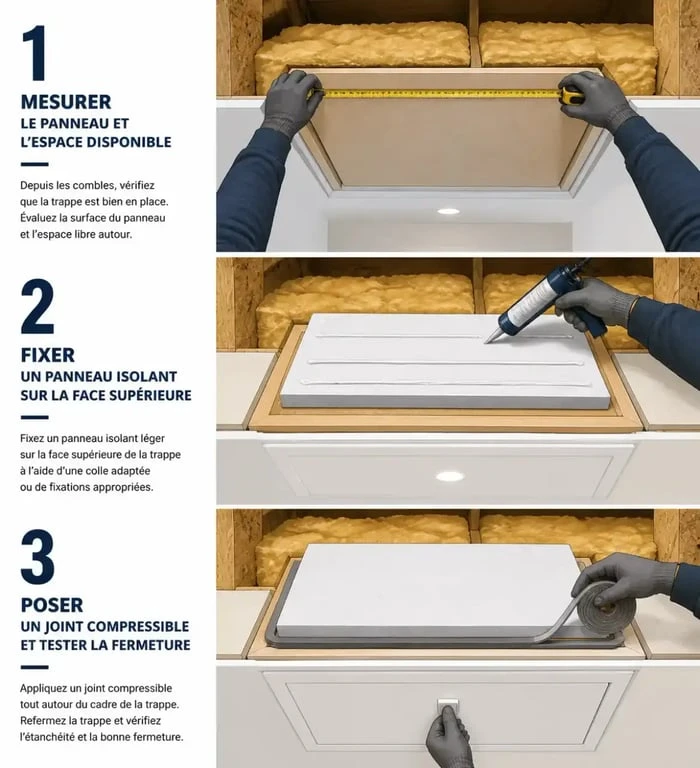 Étapes pour isoler trappe grenier avec panneau isolant et joint d’étanchéité