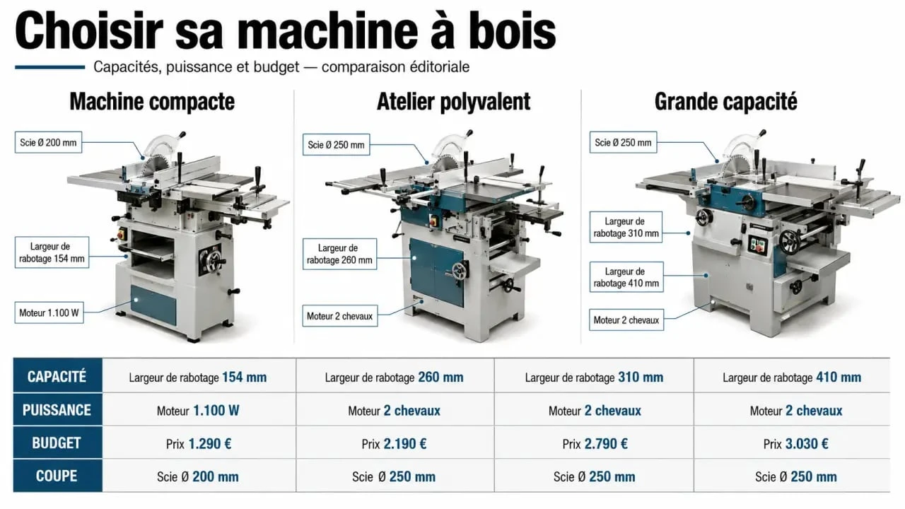 Machine pour travailler le bois : comparaison éditoriale de combinés 6 fonctions, 5 opérations et 7 opérations