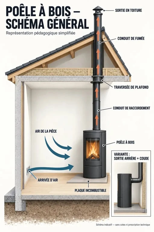 Schéma installation poêle à bois avec conduit de fumée, arrivée d’air et raccordement