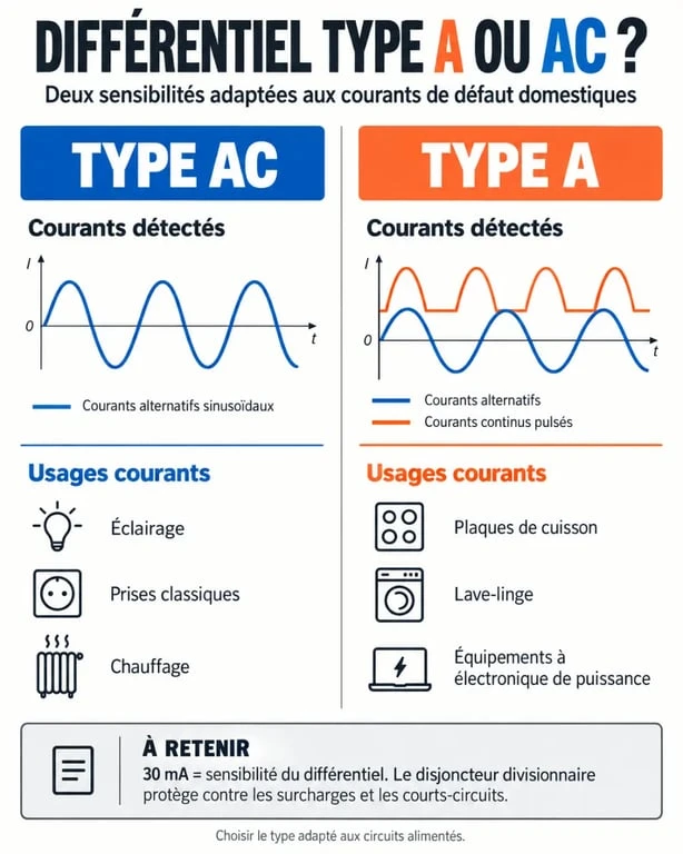 Infographie comparative sur le différentiel type A ou AC et leurs usages dans un tableau électrique