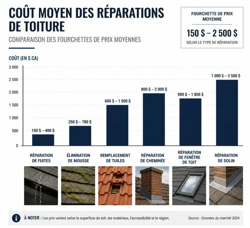 Graphique comparatif des tarifs moyens pour différents travaux de couverture et réparation de toiture