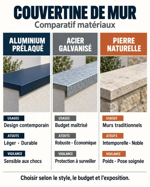 Infographie comparative des matériaux pour une couvertine mur en aluminium, acier ou pierre naturelle