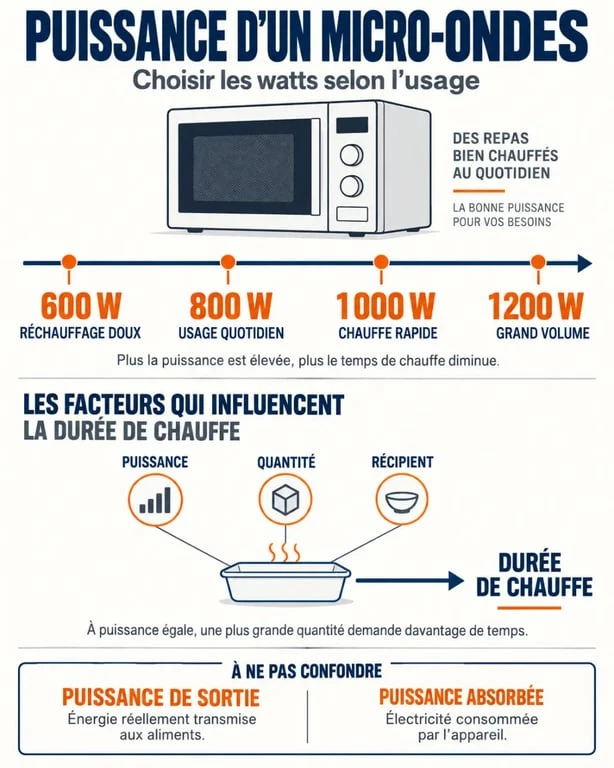 Infographie sur la puissance micro ondes watt, les usages de 600 à 1200 W et la durée de chauffe