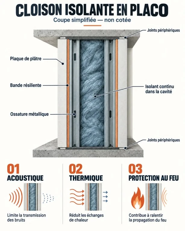 Infographie d’une cloison isolante en placo avec ossature, isolant et plaques de plâtre