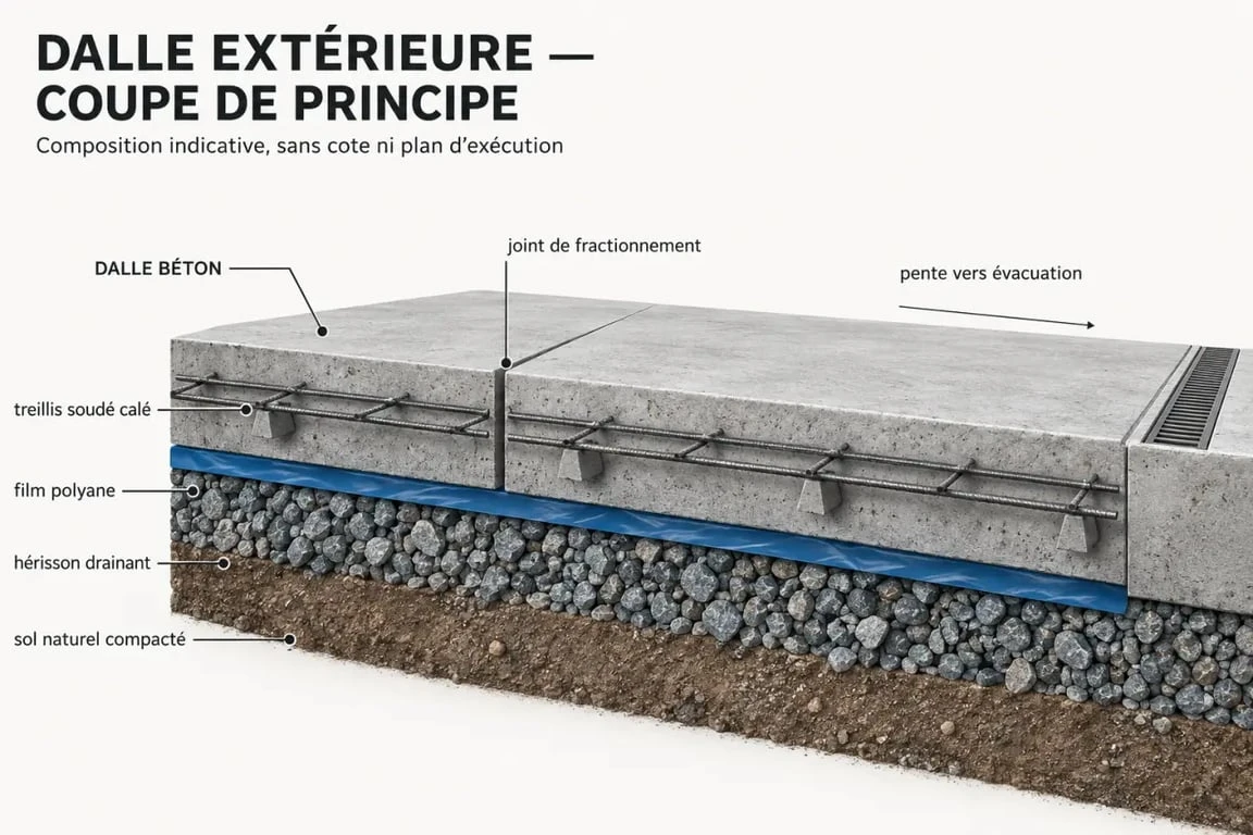 Schéma de composition d'un beton pour dalle exterieur avec hérisson, film polyane, treillis et pente