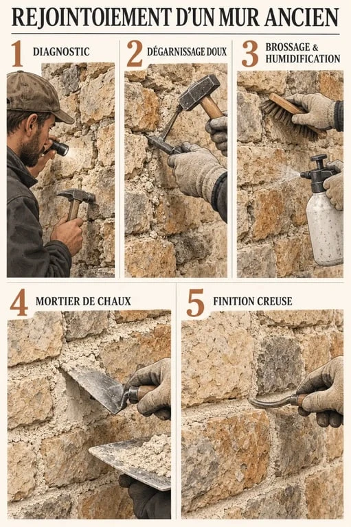 Étapes du jointage d’un mur en pierre ancien avec mortier à la chaux