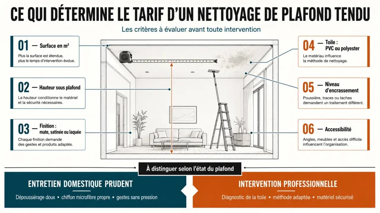 Infographie sur le tarif nettoyage plafond tendu et les facteurs qui influencent le devis