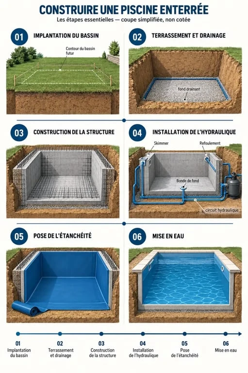 Étapes de la fabrication d’une piscine enterrée, du terrassement à la mise en eau