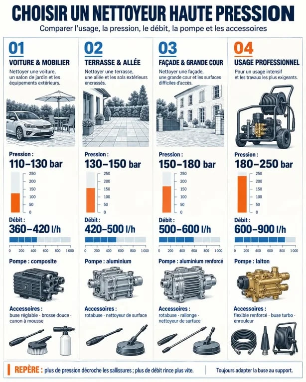 Comparateur nettoyeur haute pression selon les usages, la pression, le débit et les accessoires