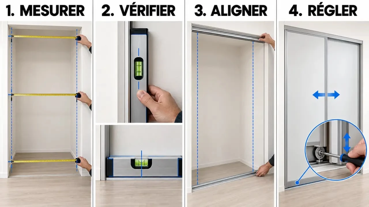 Étapes pour poser une porte de placard coulissante avec mesure, alignement des rails et réglage des vantaux