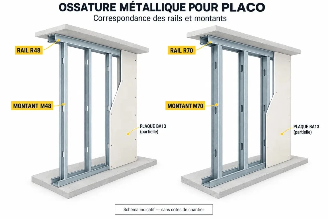 Schéma d'un rail pour placo R48 ou R70 associé à son montant métallique