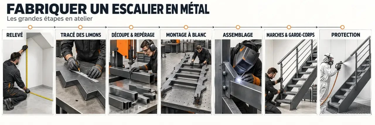 Étapes pour fabriquer un escalier en métal, du traçage des limons à la pose des marches