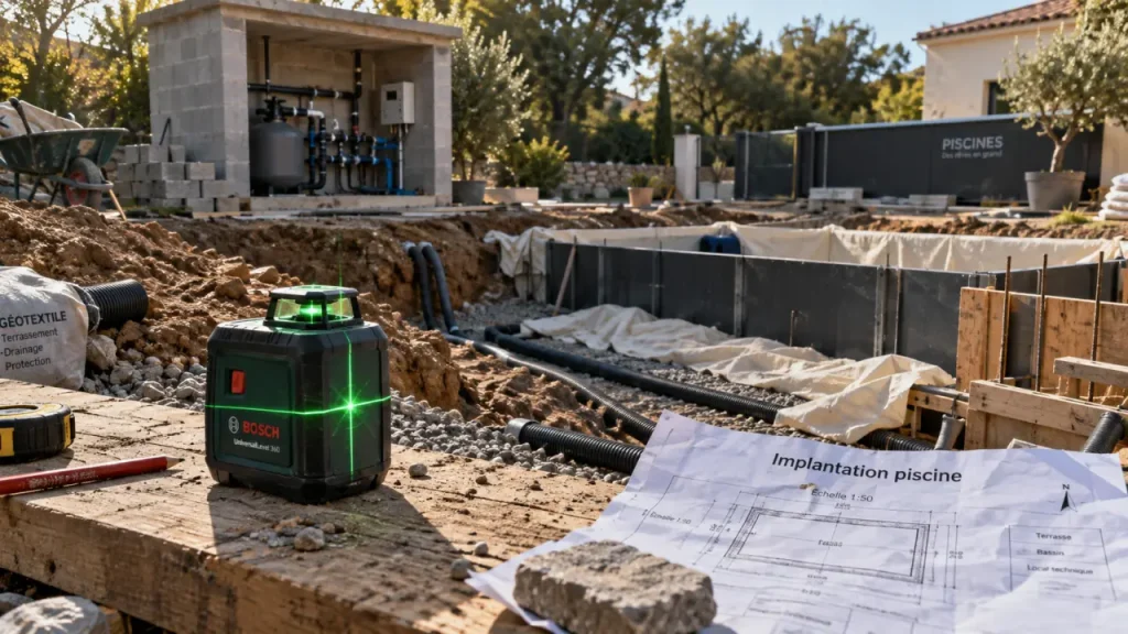 Fabrication d une piscine : niveau laser sur chantier d’implantation