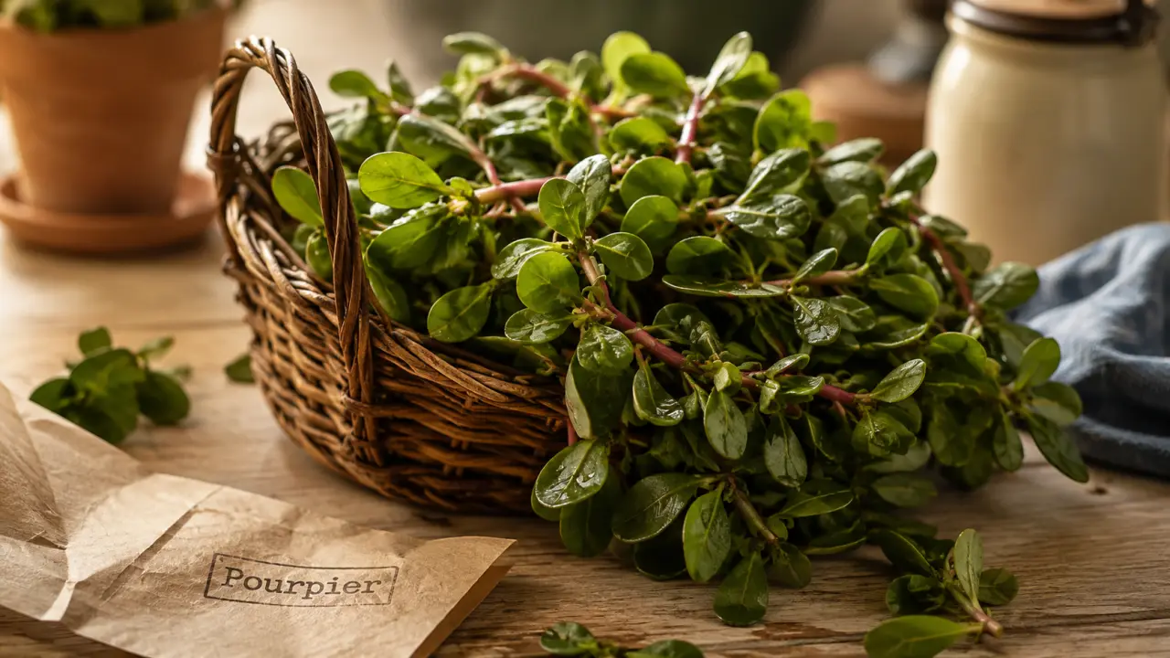 Pourpier comestible fraîchement récolté, feuilles et tiges