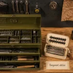Rangement outil : servante et trousse d’atelier ouvertes