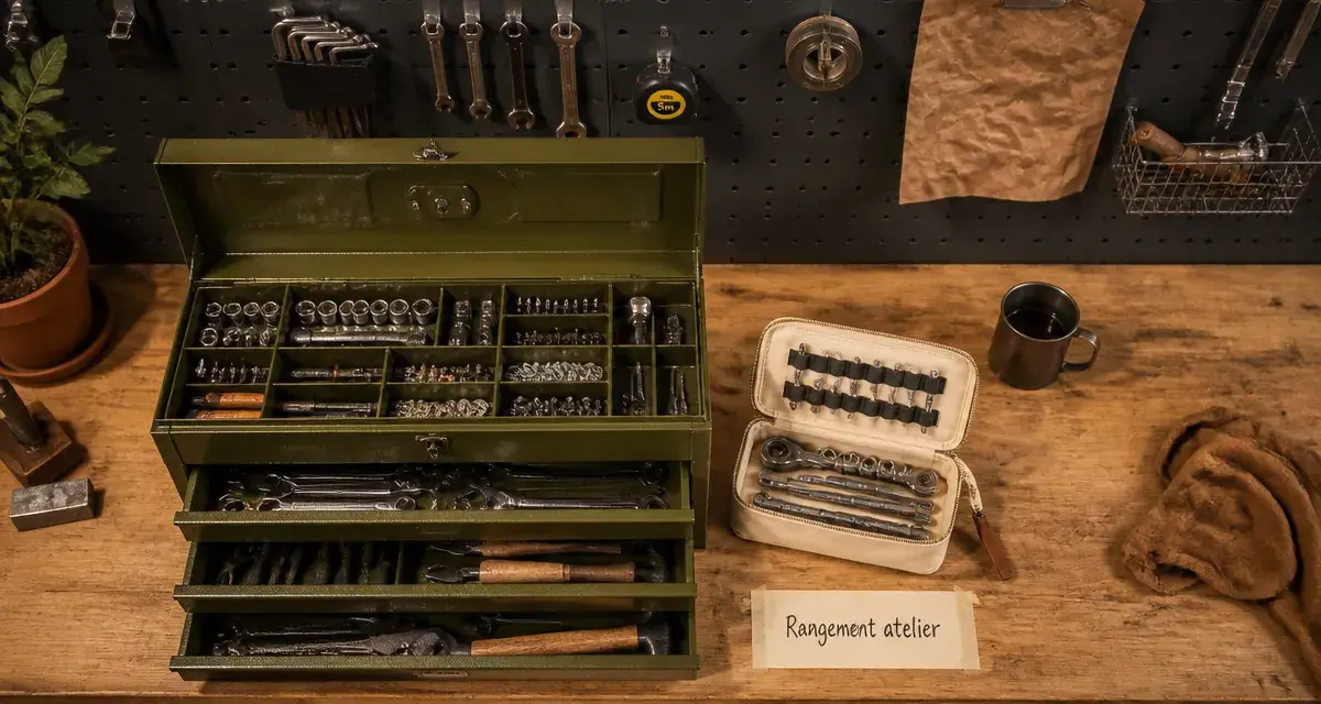 Rangement outil : servante et trousse d’atelier ouvertes