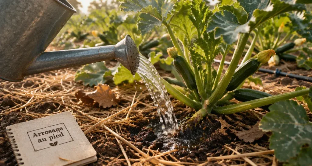 Arrosage courgette au pied : arrosoir versant 5 litres, terre humide