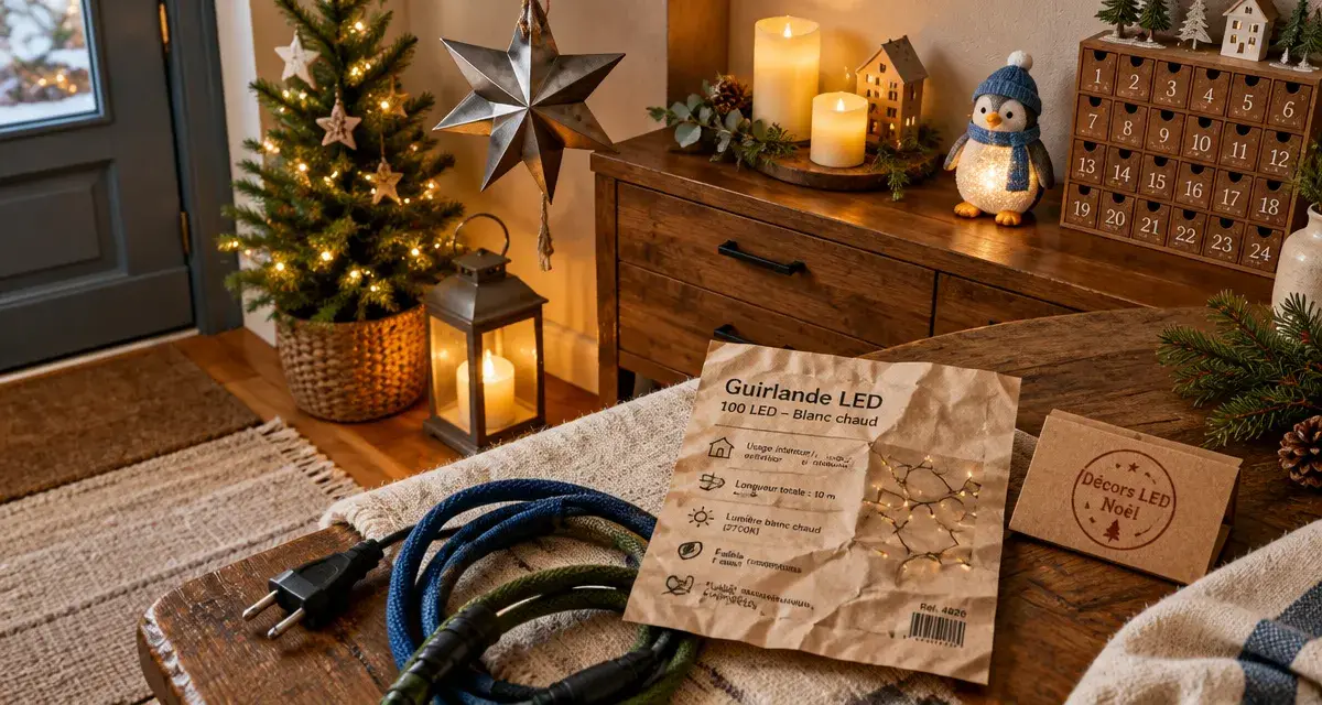 Décors lumineux pour noel : entrée décorée avec sapin miniature et lanternes LED