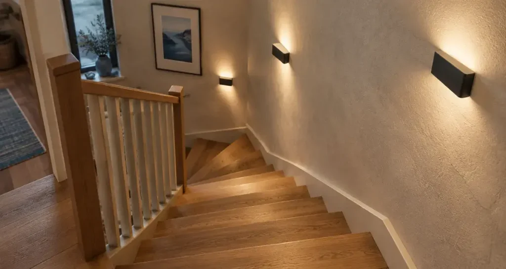 Éclairage escalier intérieur homogène sans éblouissement, appliques LED discrètes