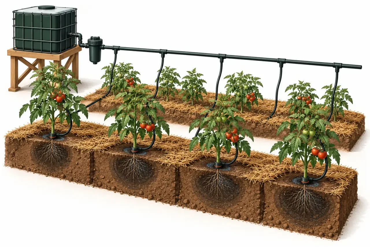 Système de goutte a goutte tomates avec réserve, tuyaux et goutteurs au pied des plants
