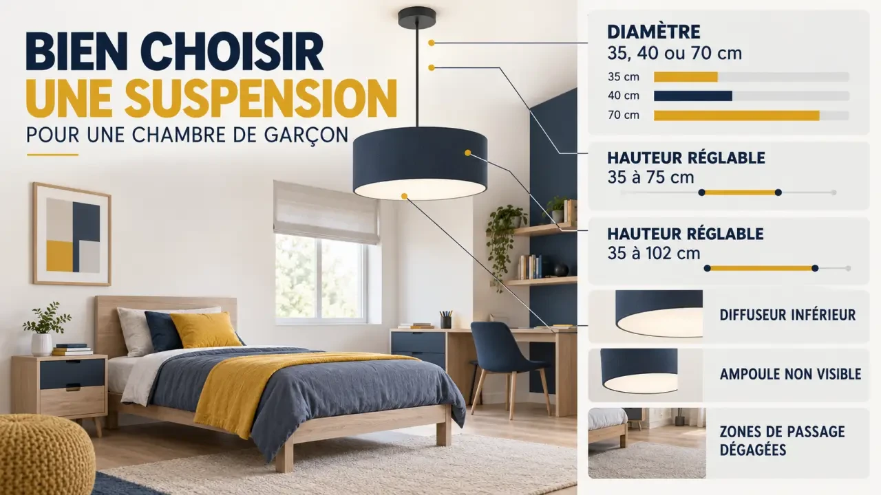 Suspension chambre garçon avec diffuseur, dimensions et hauteur réglable à vérifier