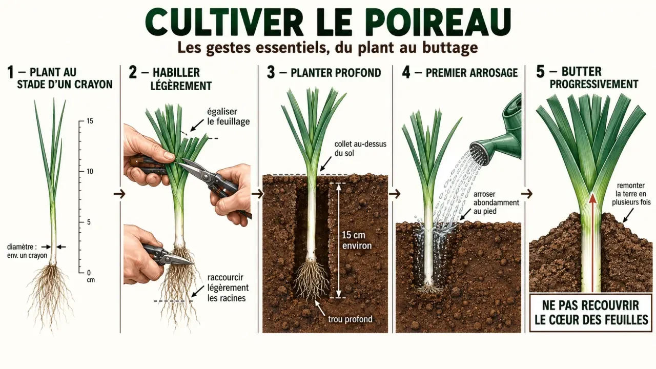 Potager poireau : étapes du repiquage et du buttage