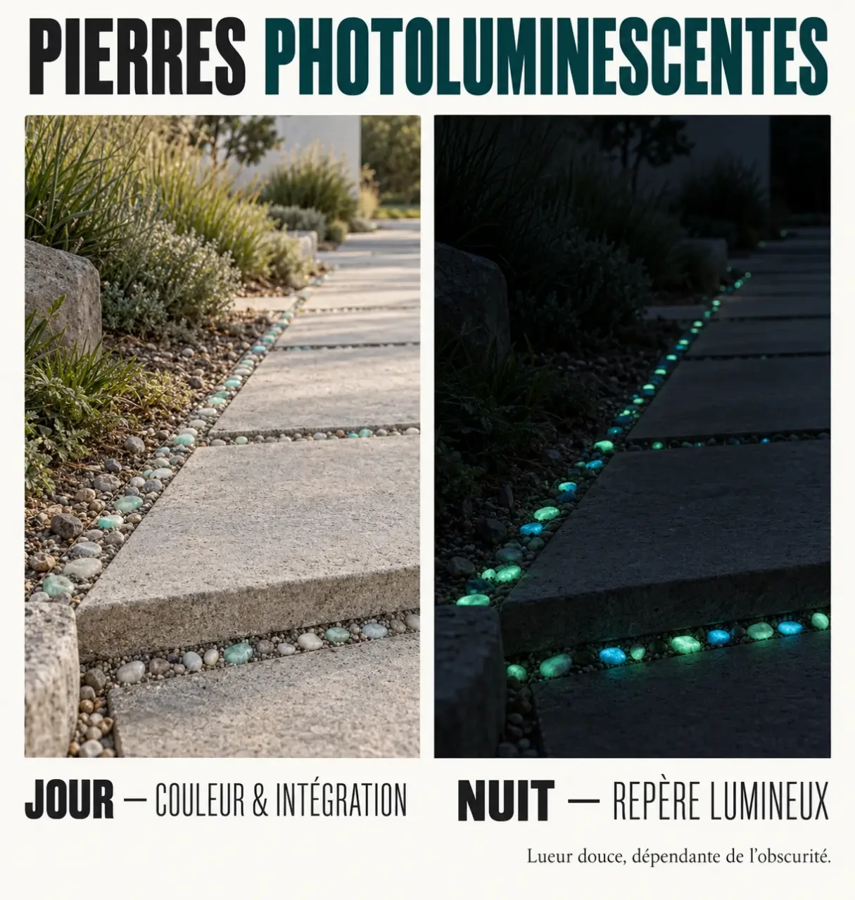 Pierre phosphorescente dans une allée extérieure, vue de jour et de nuit
