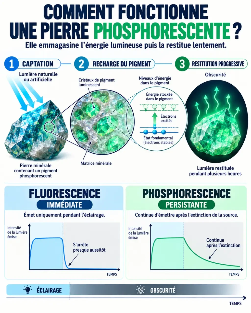 Schéma du fonctionnement d'une pierre phosphorescente et de sa recharge lumineuse