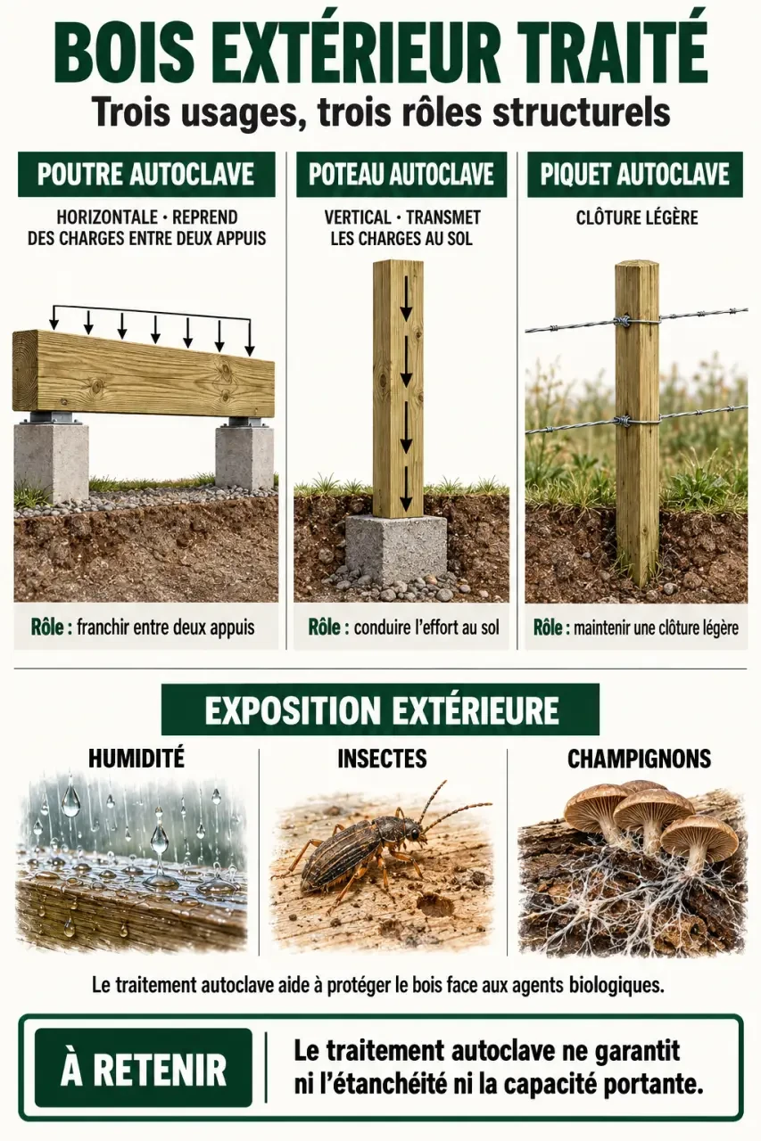 Infographie expliquant les rôles d’une poutre autoclave, d’un poteau autoclave et d’un piquet autoclave