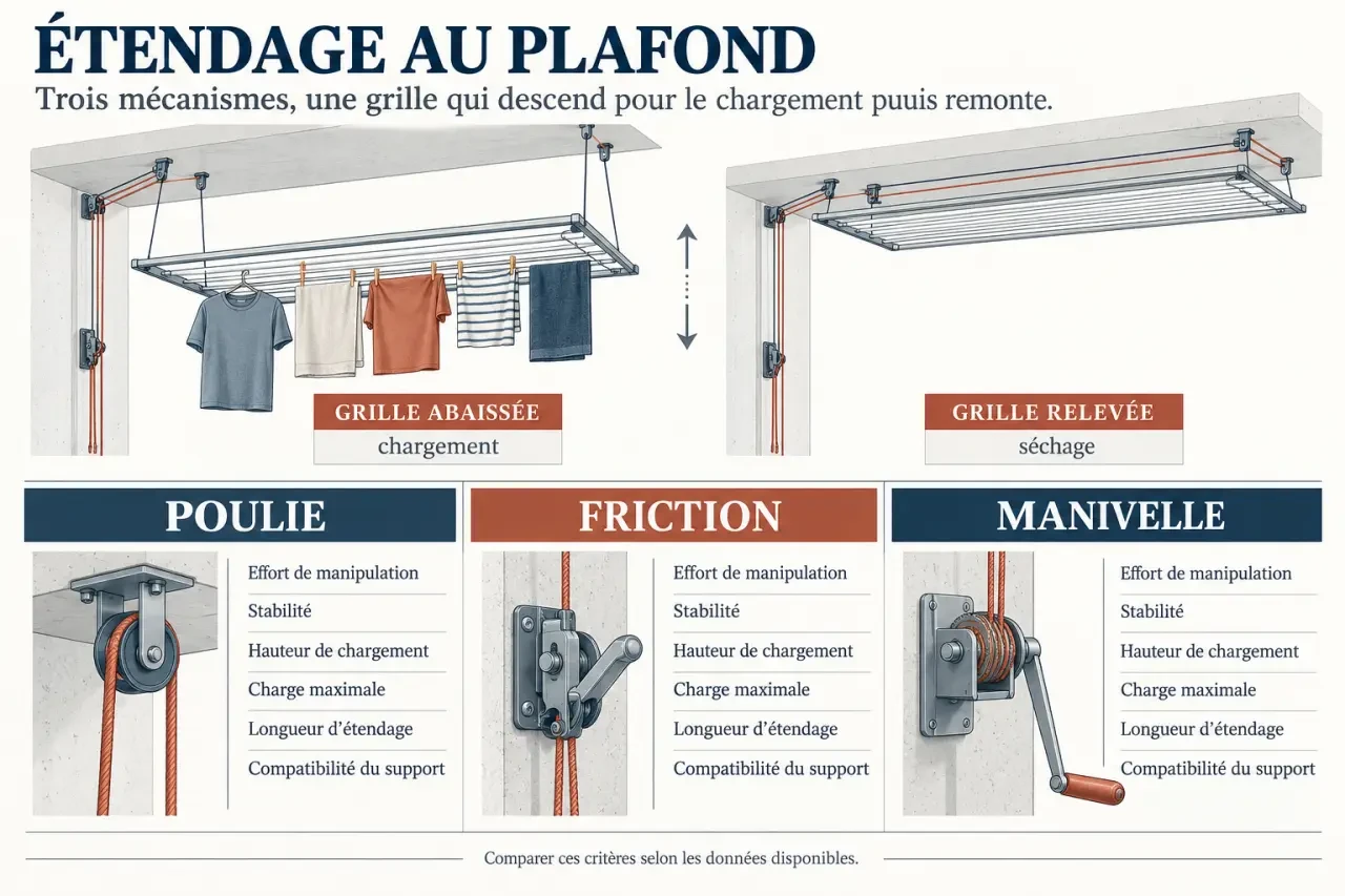 Infographie comparative sur l'étendage au plafond à poulie, friction ou manivelle