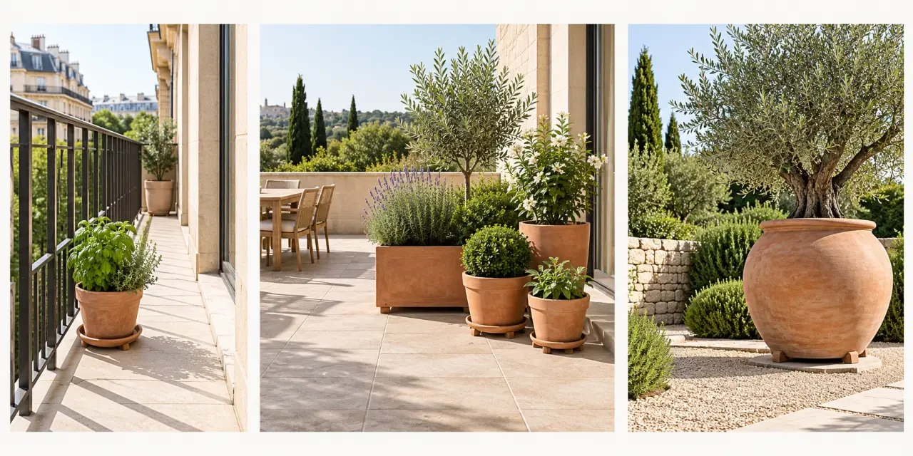 Mise en situation de pots en terre cuite sur un balcon, une terrasse et dans un jardin
