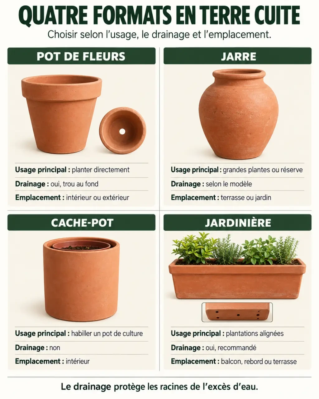 Infographie des différents pots en terre cuite : pot, jarre, cache-pot et jardinière